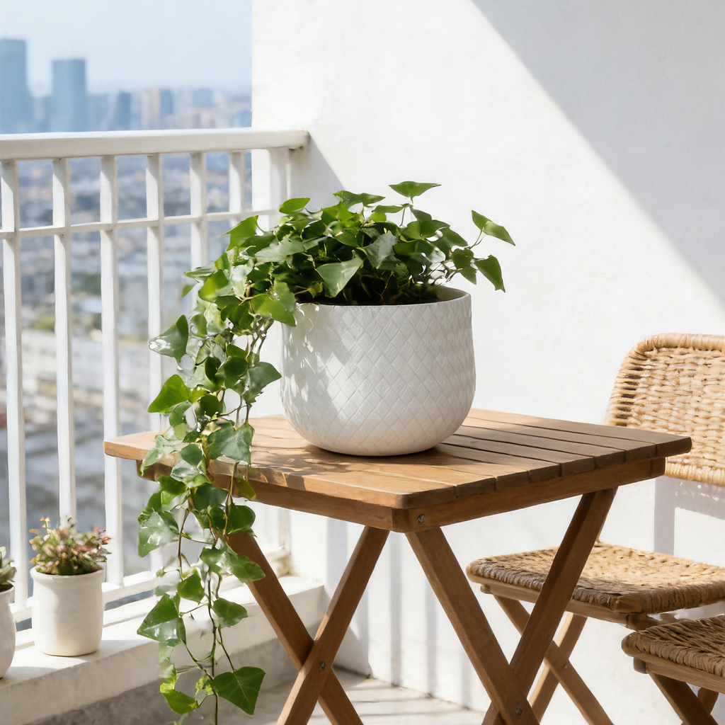 Potted plant on a wooden table with a cityscape in the background