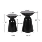 Two black pedestal side tables with dimension labels showing width, height, and tabletop diameter on a white background.