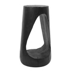 Black wooden side table with a unique, organic design on a white background