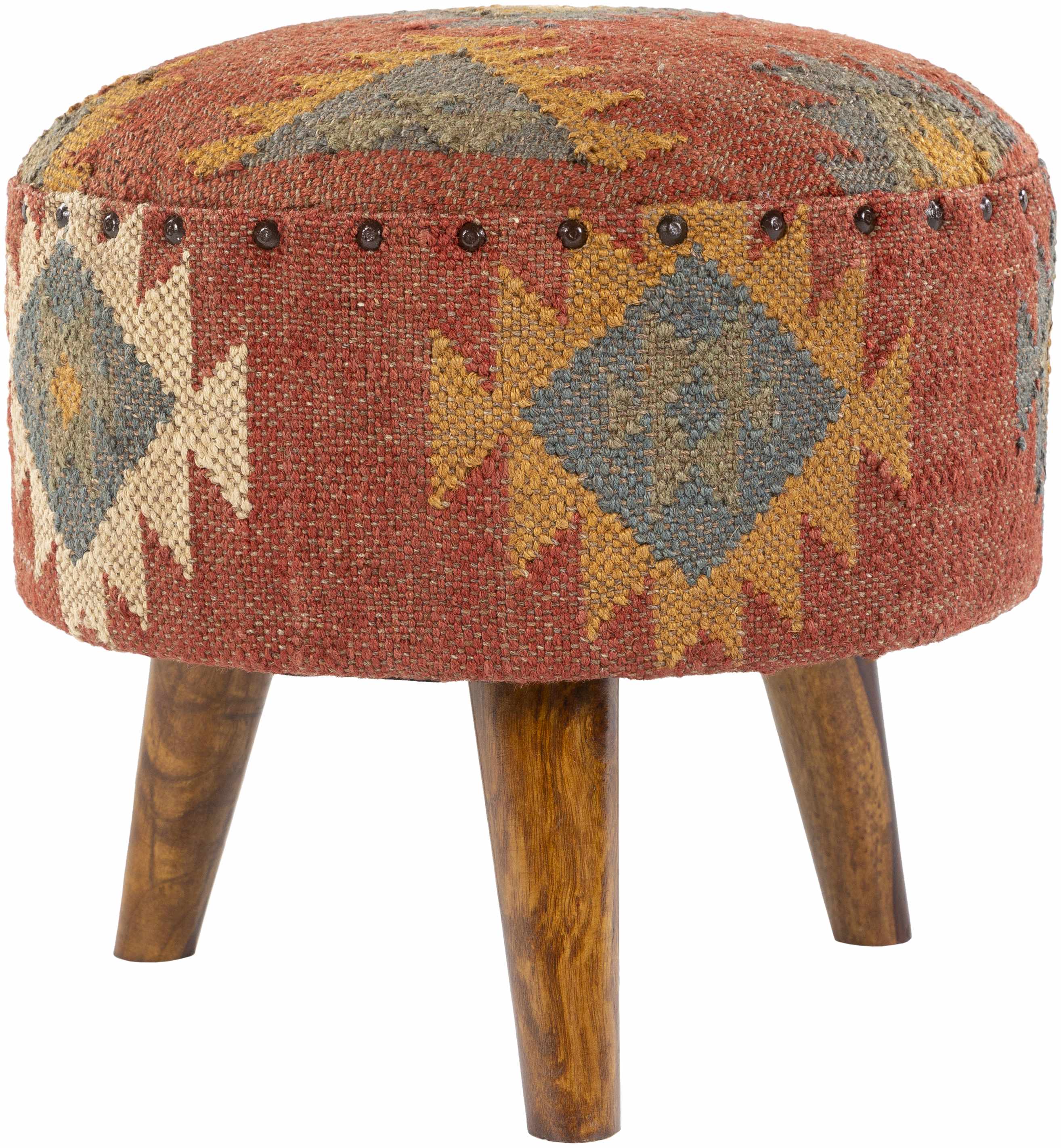 Round ottoman with patterned fabric and wooden legs on a white background