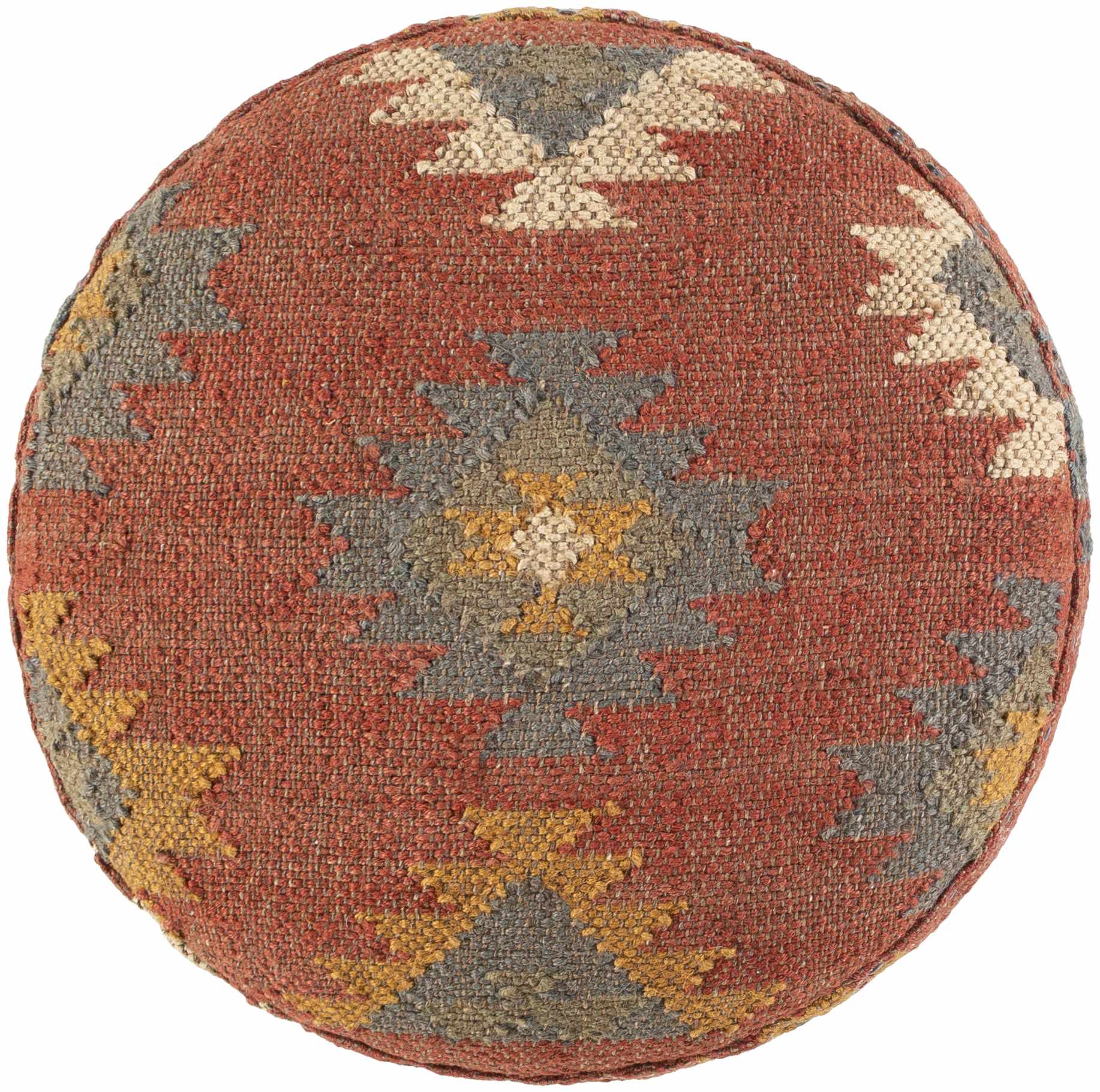 Round woven ottoman top with geometric pattern on a white background