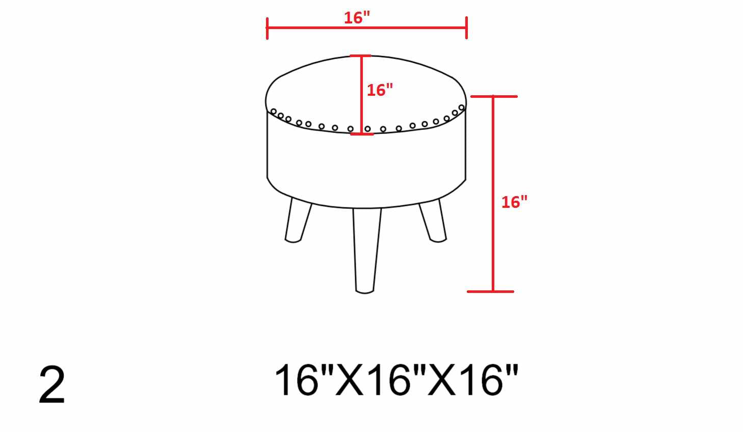 Measurement chart of a round stool with dimensions 16"X16"X16" on a white background.