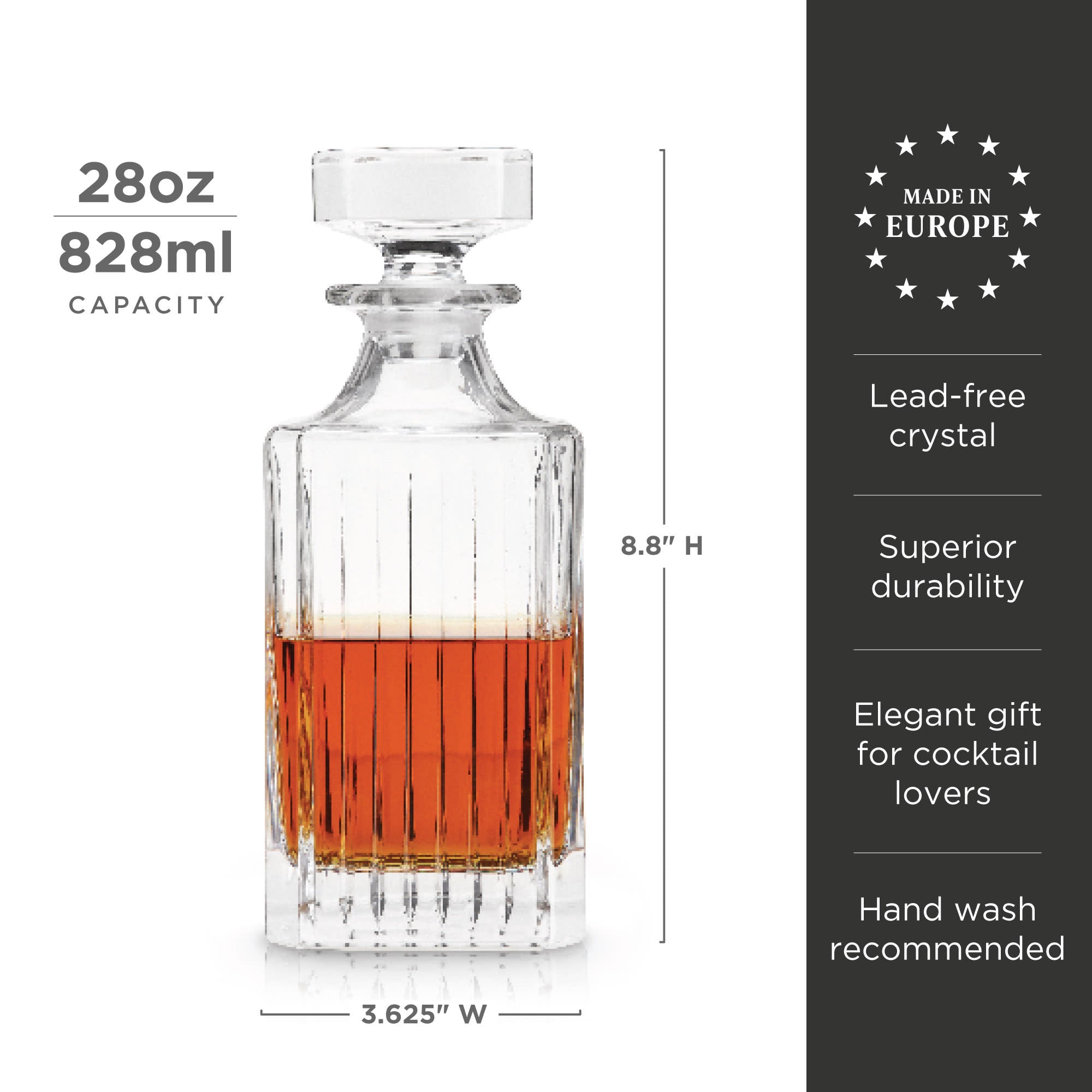 Glass decanter with red liquid, dimensions, and features on a white background