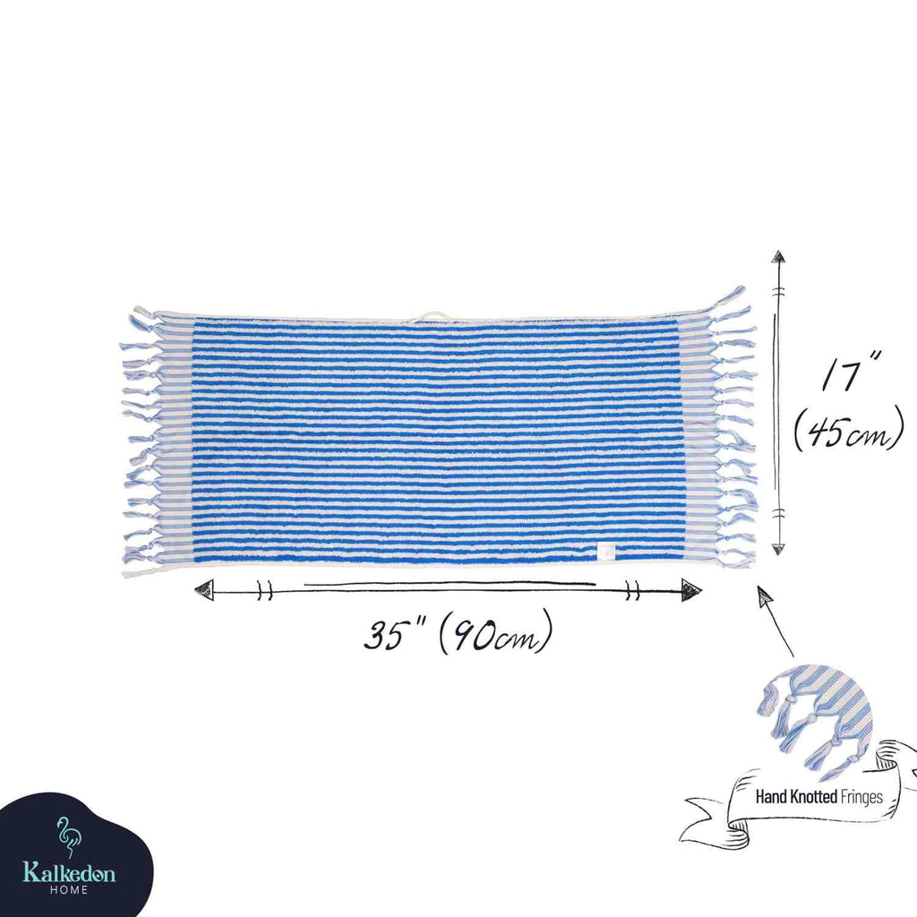 Blue striped hand towel with hand-knotted fringes, 35x17 inches, shown flat with dimensions.