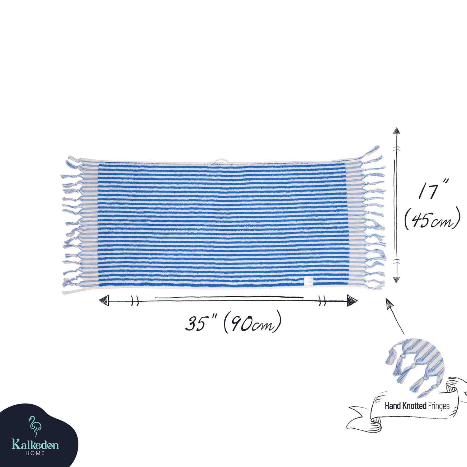 Blue striped hand towel with hand-knotted fringes, 35x17 inches, shown flat with dimensions.
