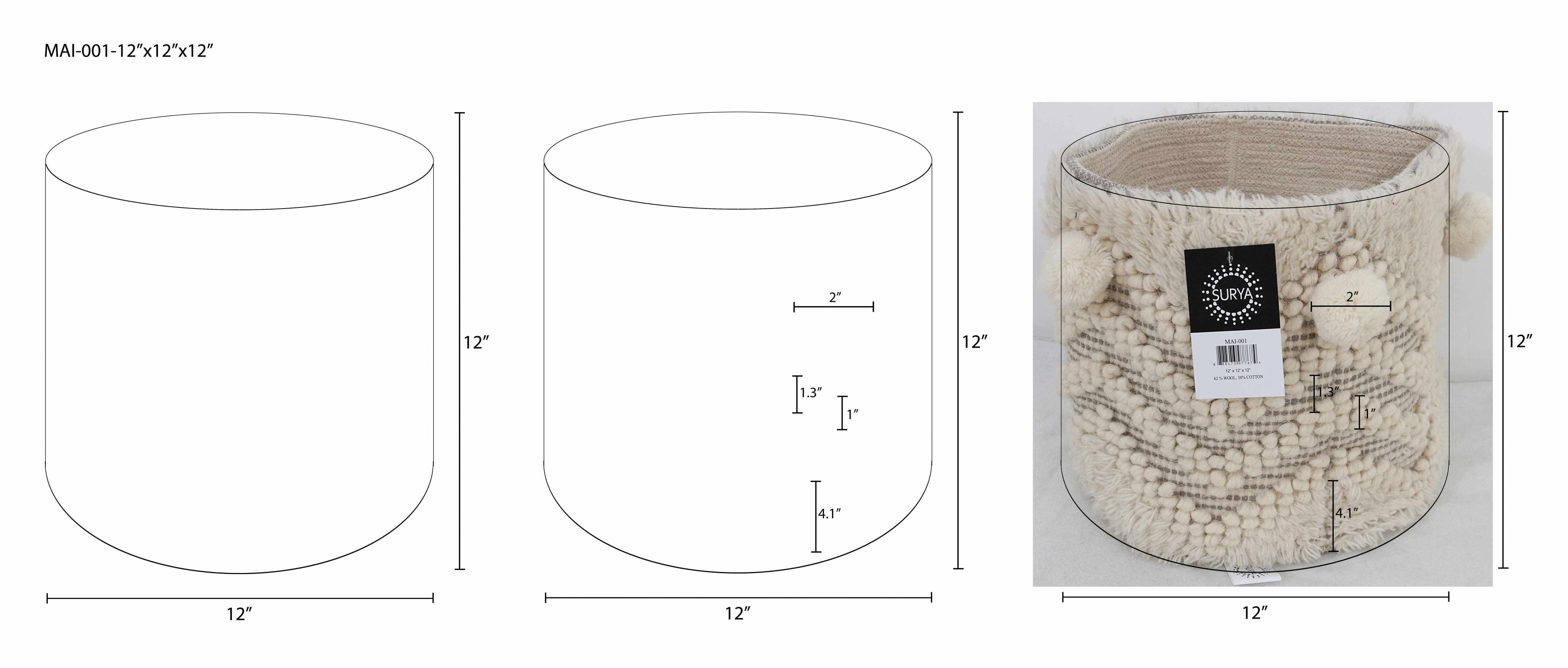 Measurement chart for a cylindrical basket with dimensions and a sample image.