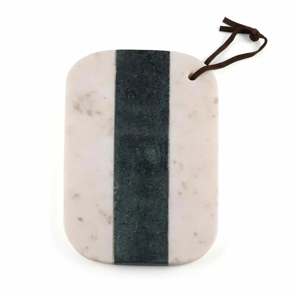 Marble cutting board with a dark stripe and brown handle on a white background