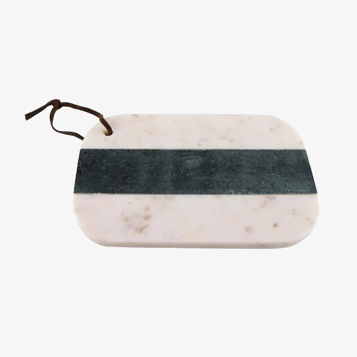 Marble cutting board with a green stripe and brown handle on a white background