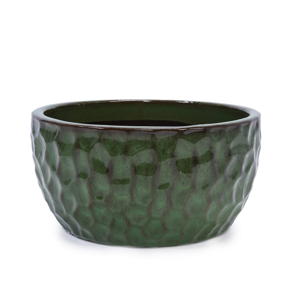 Green textured ceramic pot on a white background