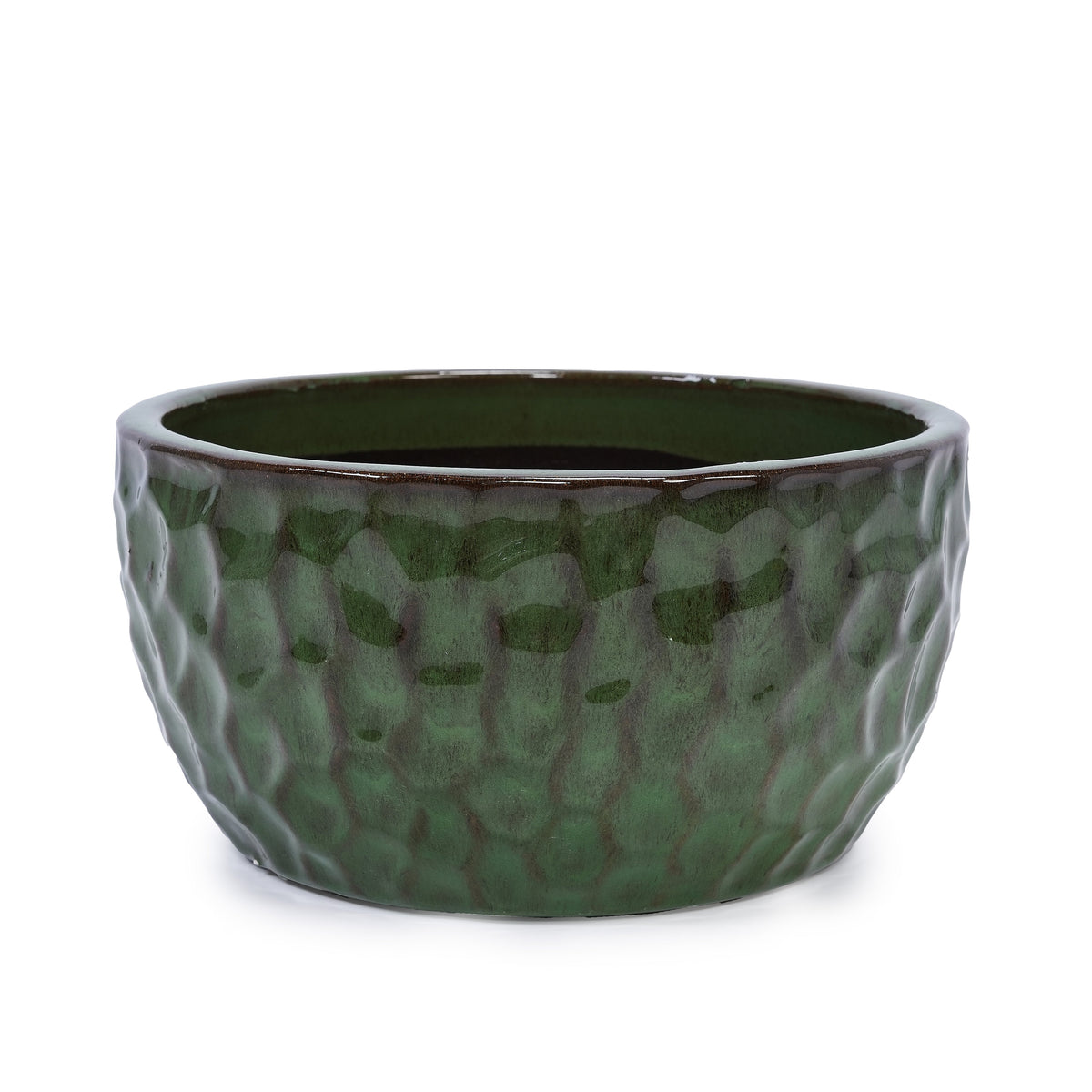 Green textured ceramic pot on a white background