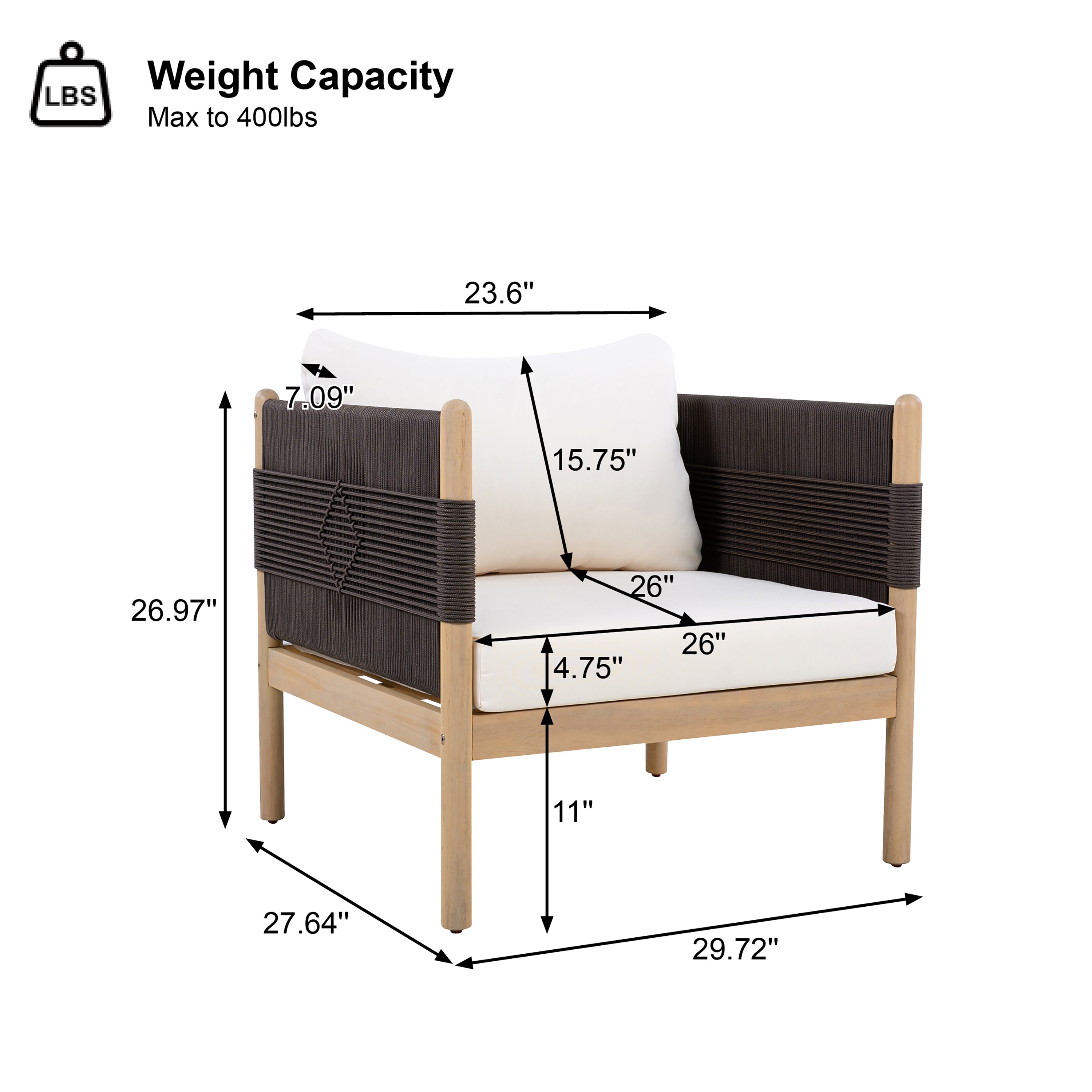 Measurement chart of a piece of outdoor furniture with dimensions and weight capacity.