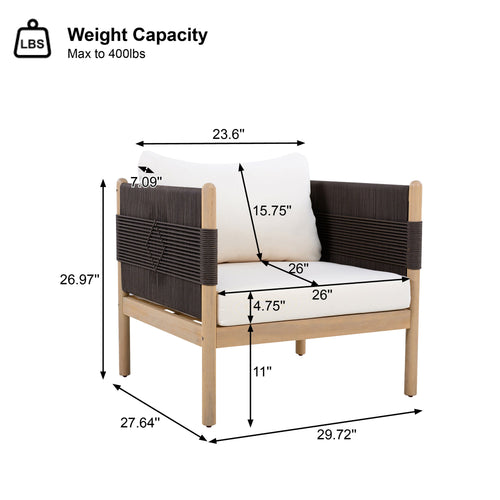 Measurement chart of a piece of outdoor furniture with dimensions and weight capacity.