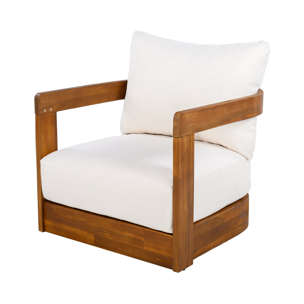 Wooden armchair with white cushions on a white background