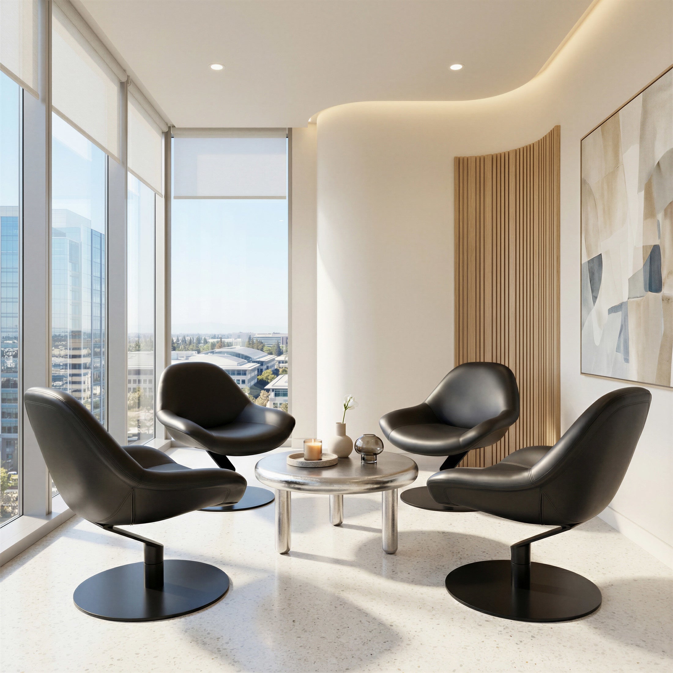 Modern living room with black chairs and a round table near large windows with city view.