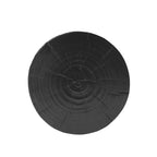 Black circular tabletop with concentric wooden rings on a white background
