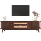 Wooden entertainment console with TV above on a white background