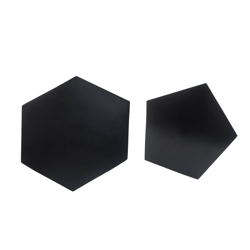 Two black hexagonal tabletops on a white background