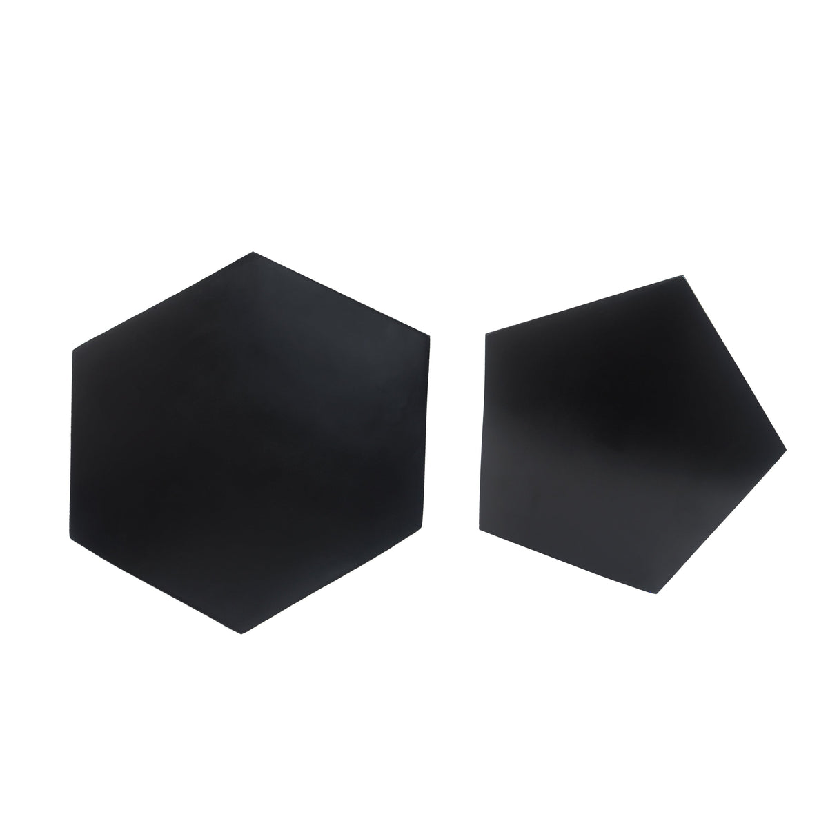 Two black hexagonal tabletops on a white background