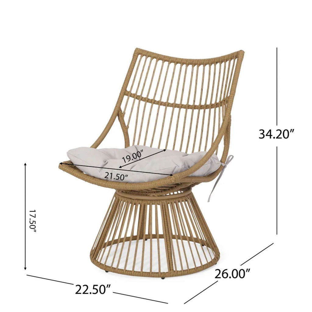 Wicker chair with dimensions labeled on a white background