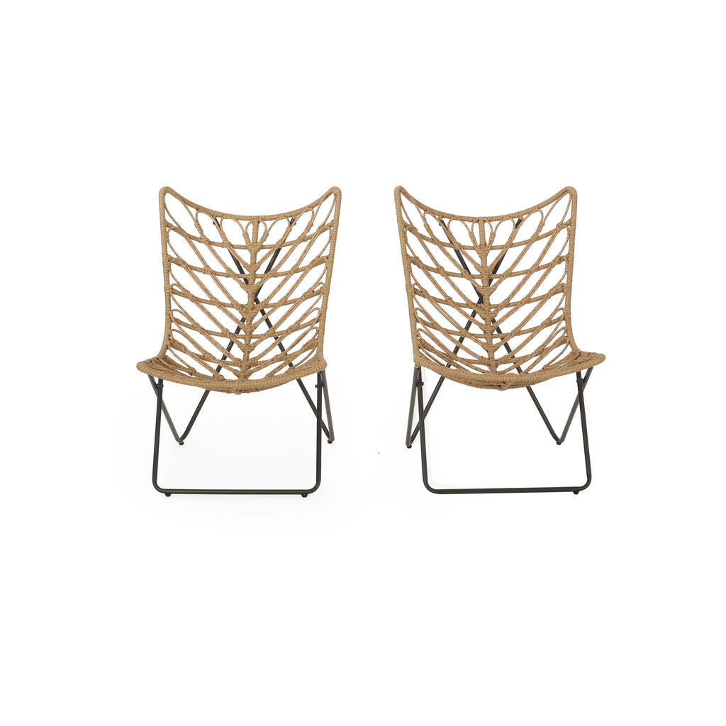 Two leaf-patterned chairs with woven backs on a white background