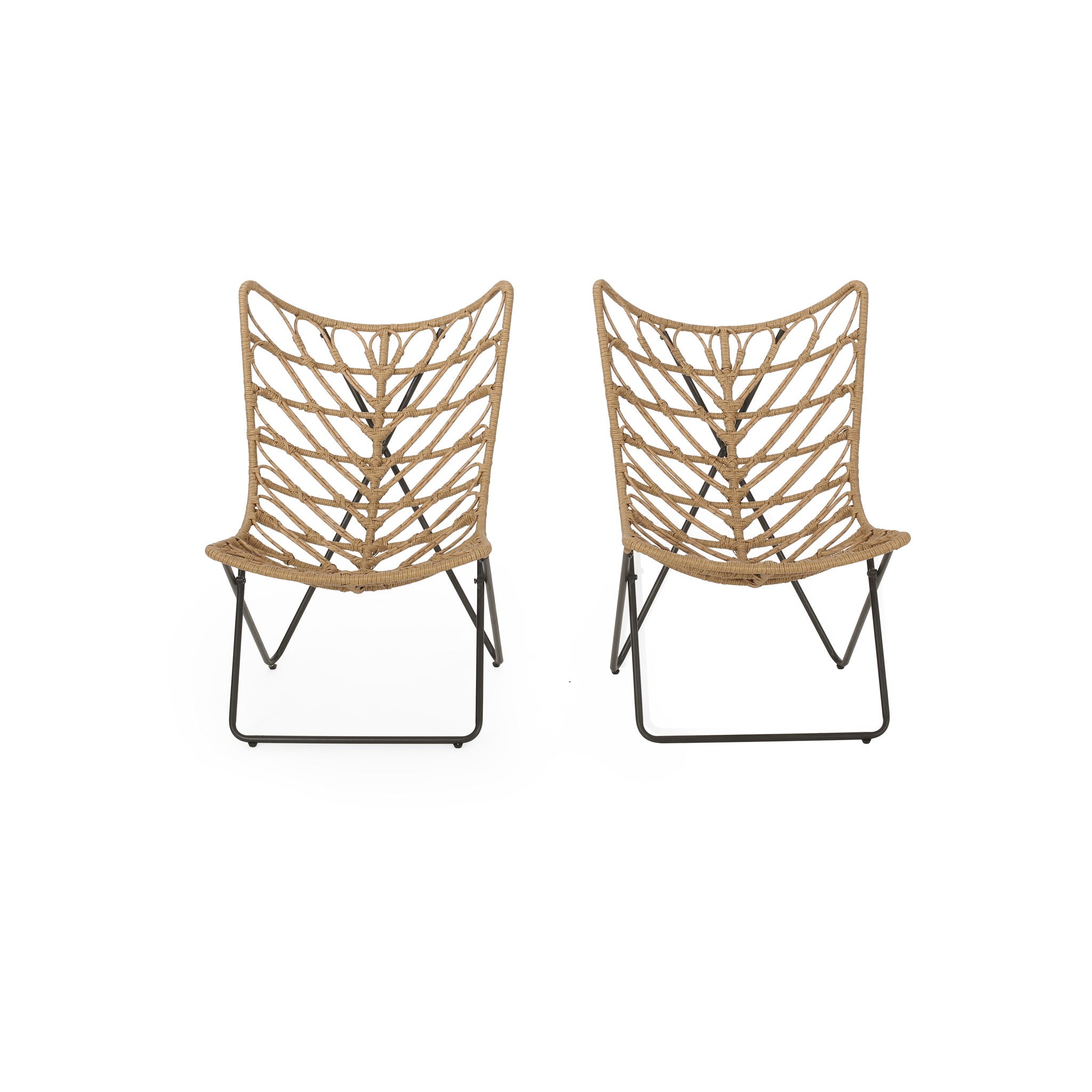 Two leaf-patterned chairs with woven backs on a white background