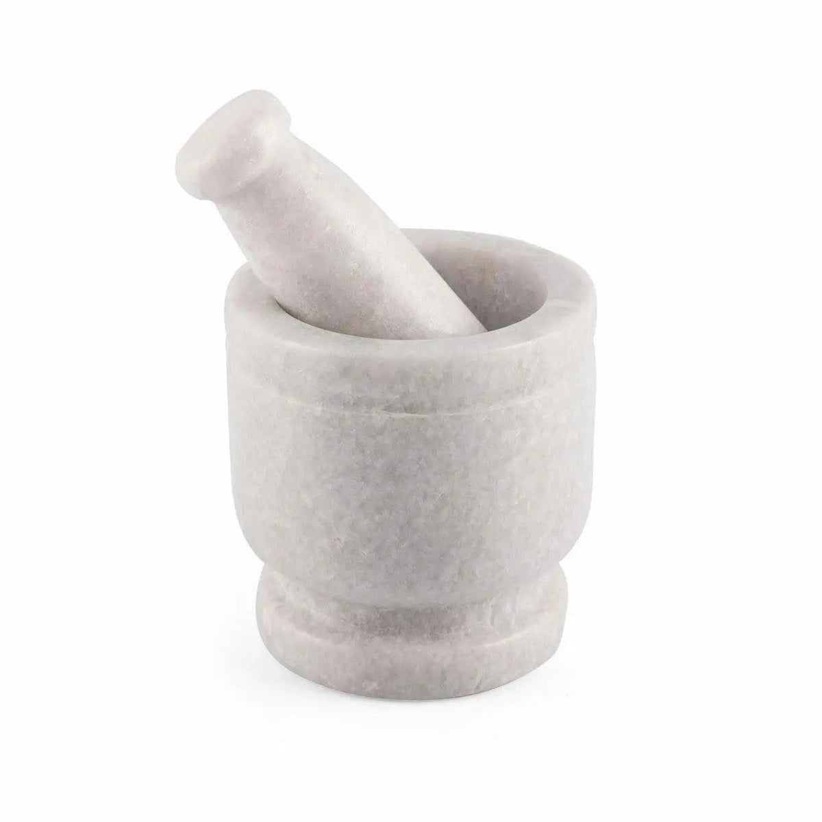 A light gray marble mortar and pestle set on a clean white background.