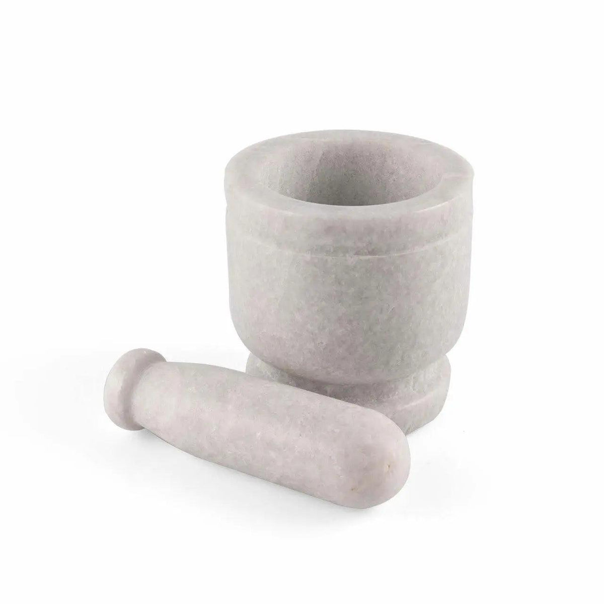 Mortar and pestle made of light gray stone on a white background
