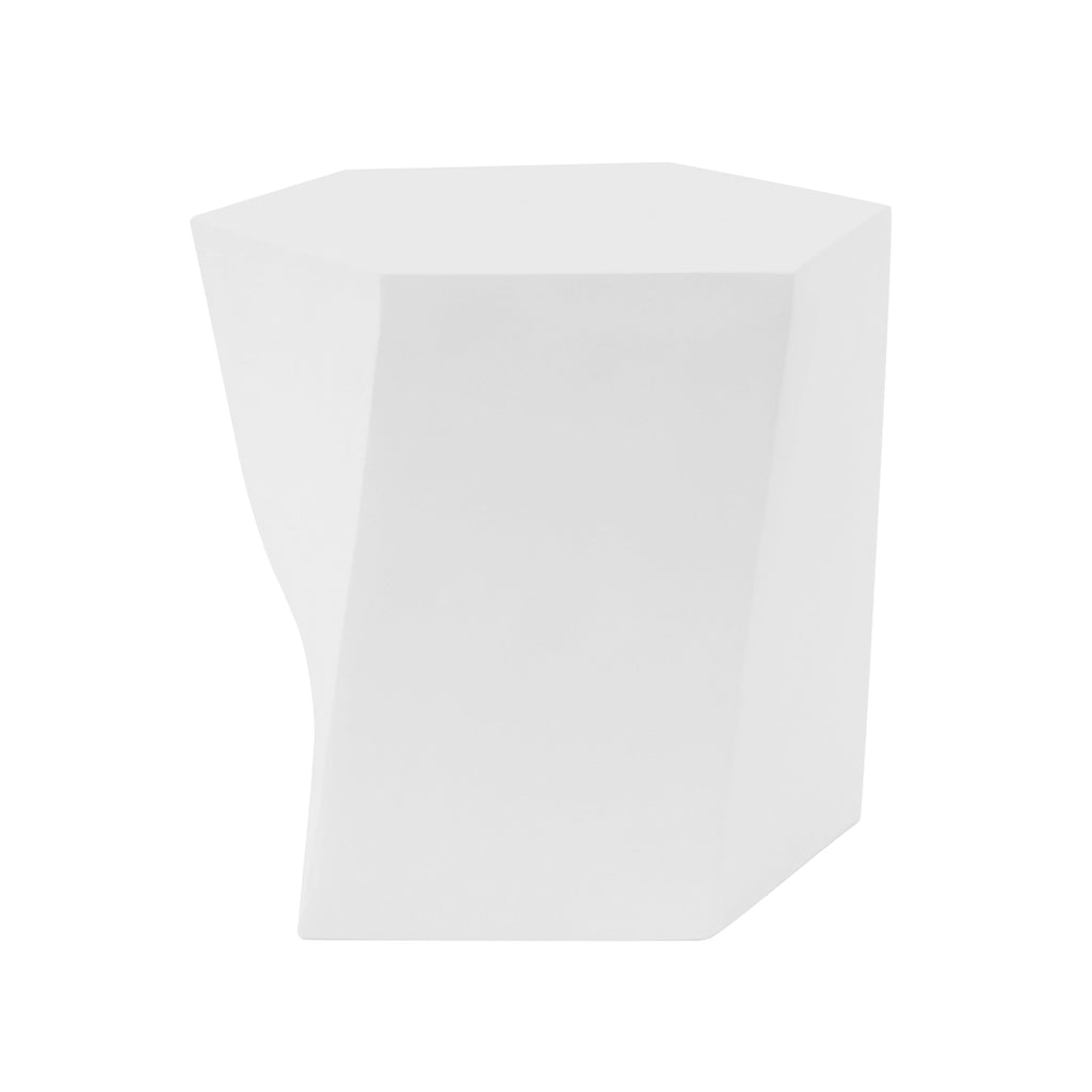 White geometric faceted side table on a white background