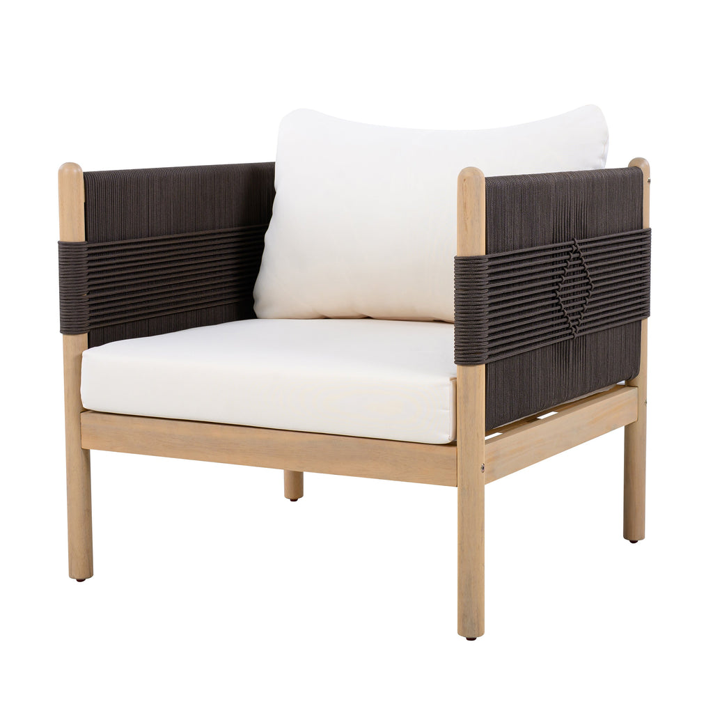 Modern chair with woven backrest and white cushion on a white background