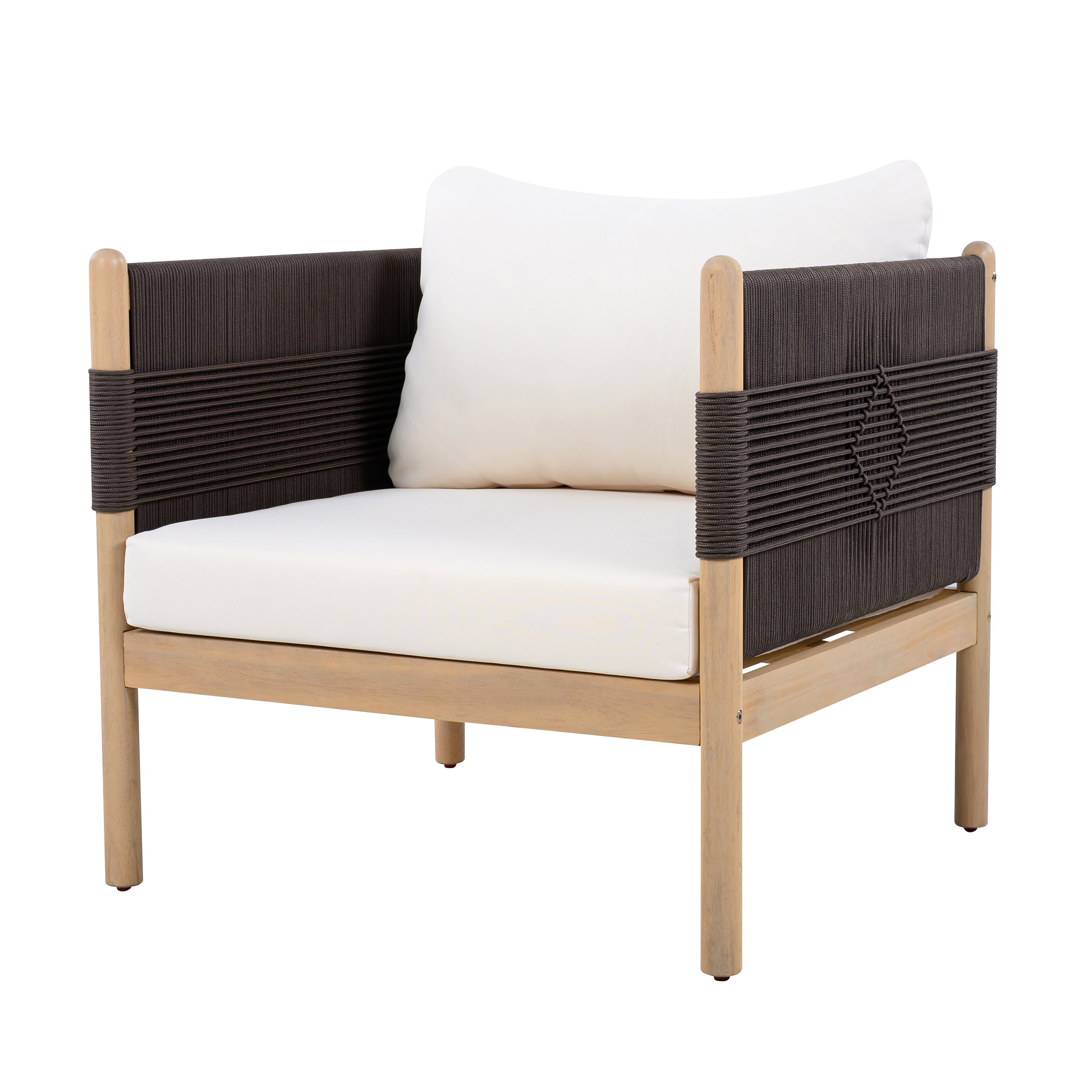 Modern chair with woven backrest and white cushion on a white background