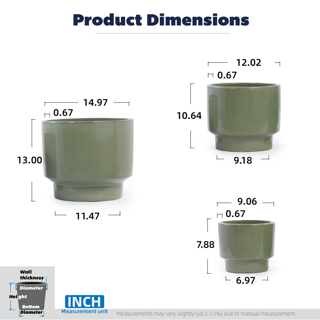 Product dimensions chart showing three olive green cup-like containers with labeled height, diameter, and wall thickness measurements on a white background.