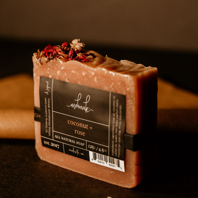 Bar of soap with a label on a dark background