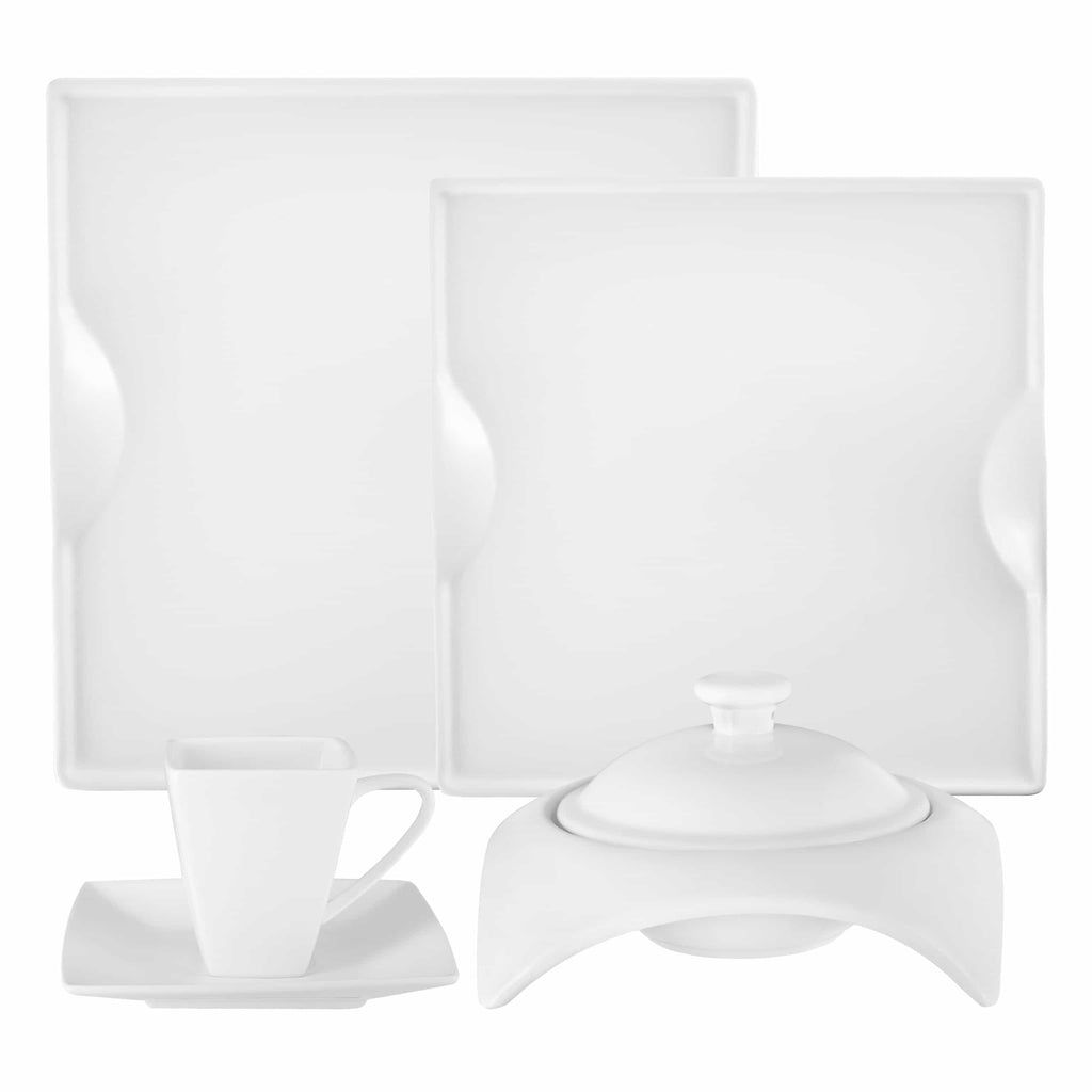 Modern white ceramic dinnerware set with plates, cup, saucer, and covered bowl