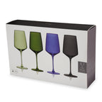 Set of four colored wine glasses in a box with branding.