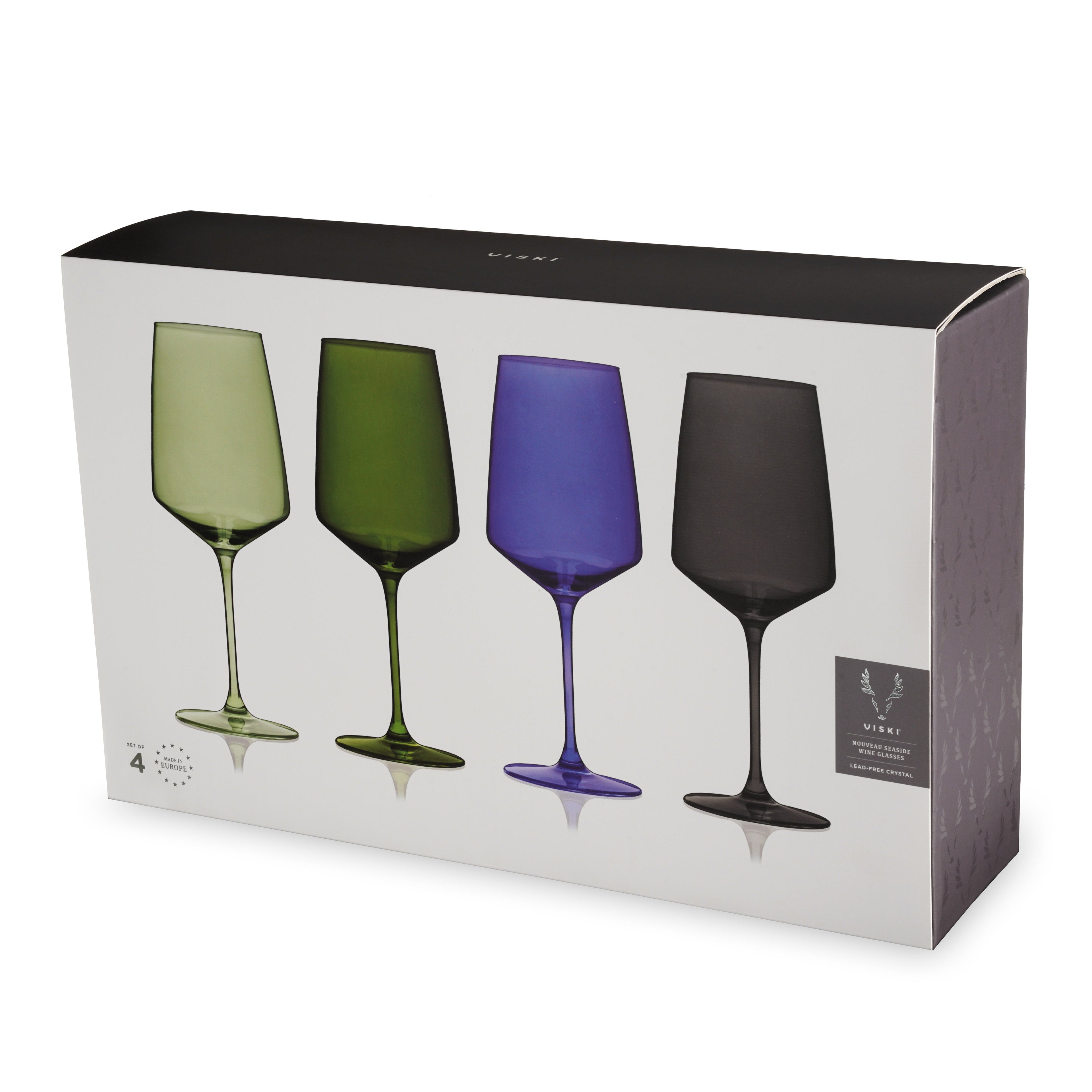 Set of four colored wine glasses in a box with branding.