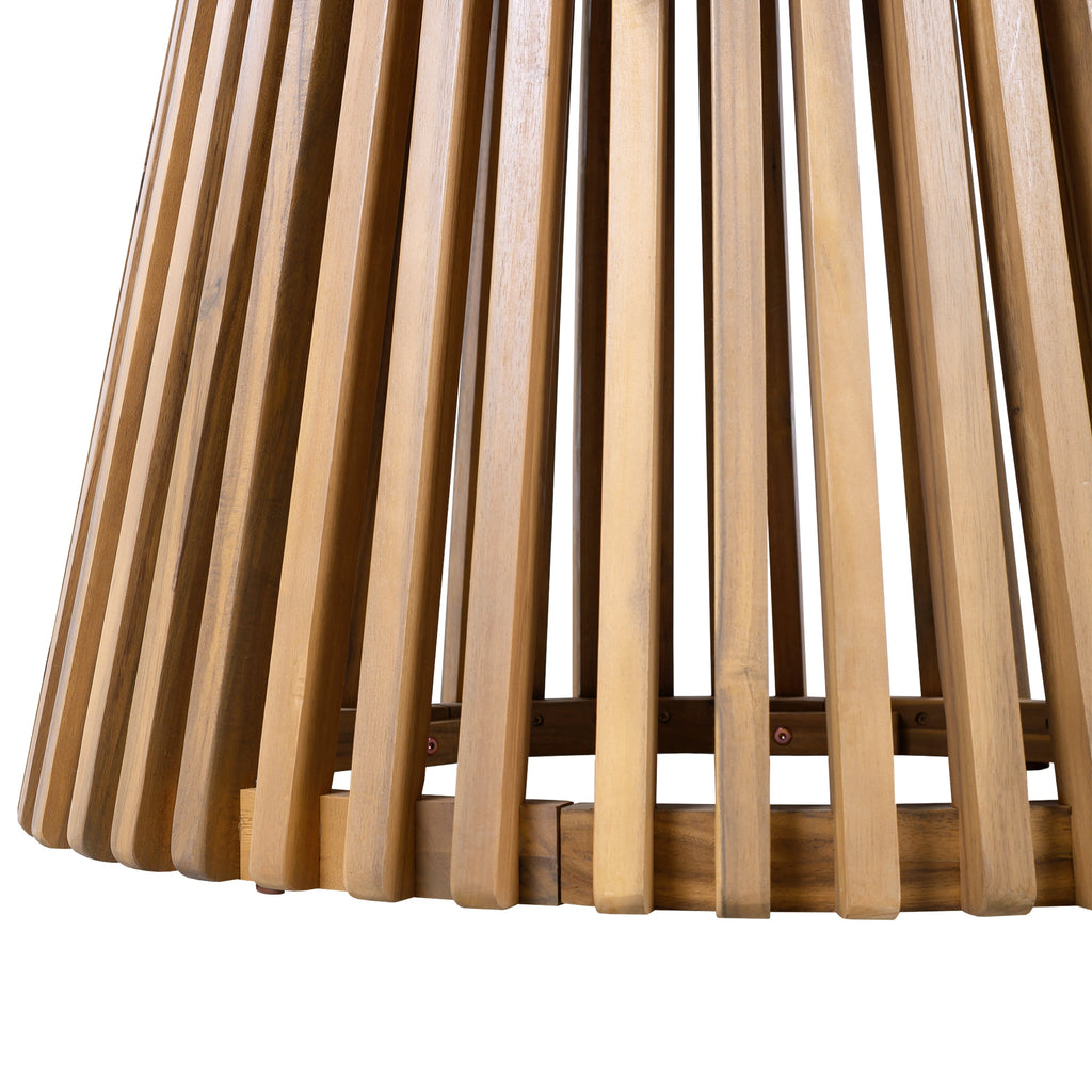 Close-up of a wooden stool with slatted design on a white background