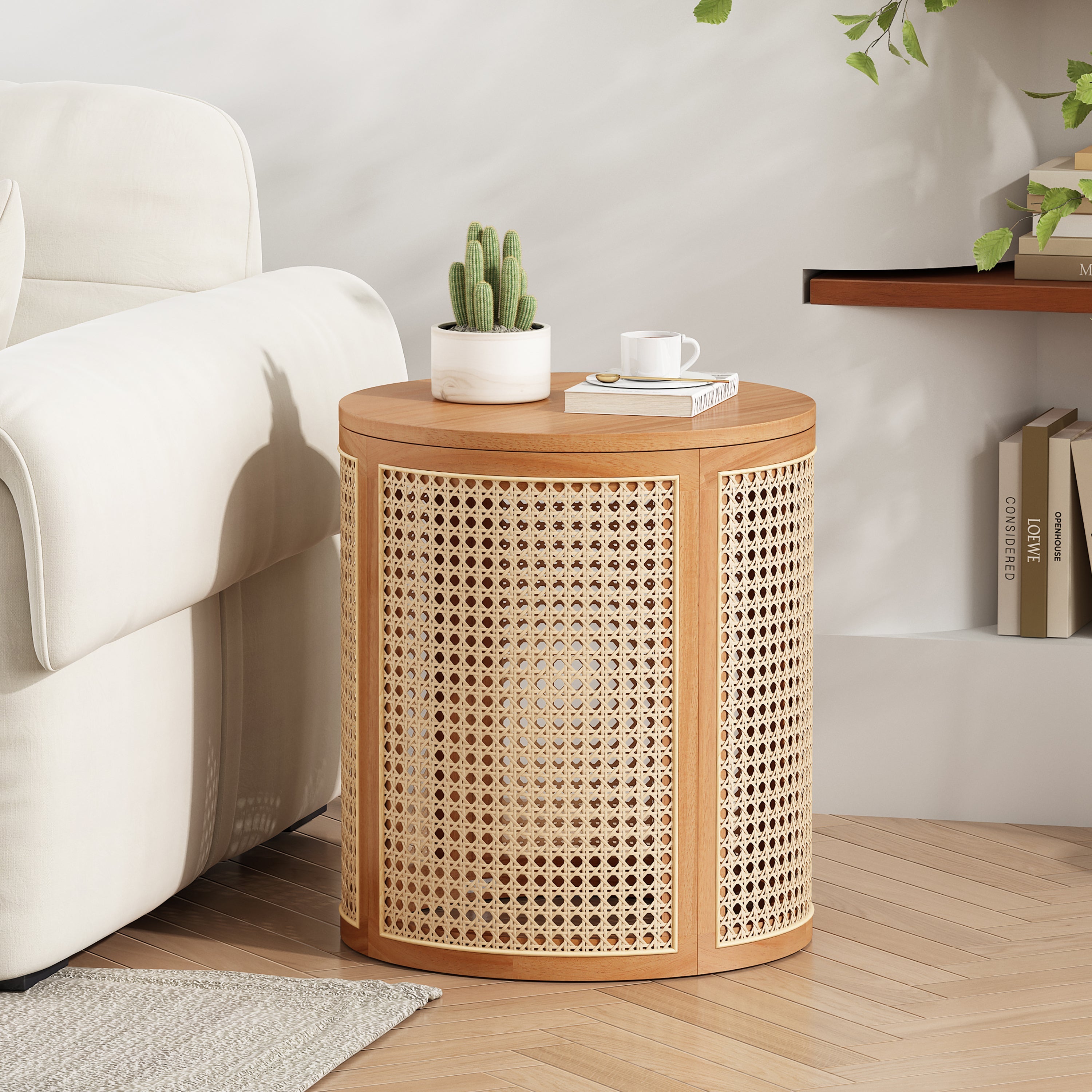Round wooden side table with wicker design in a living room setting.