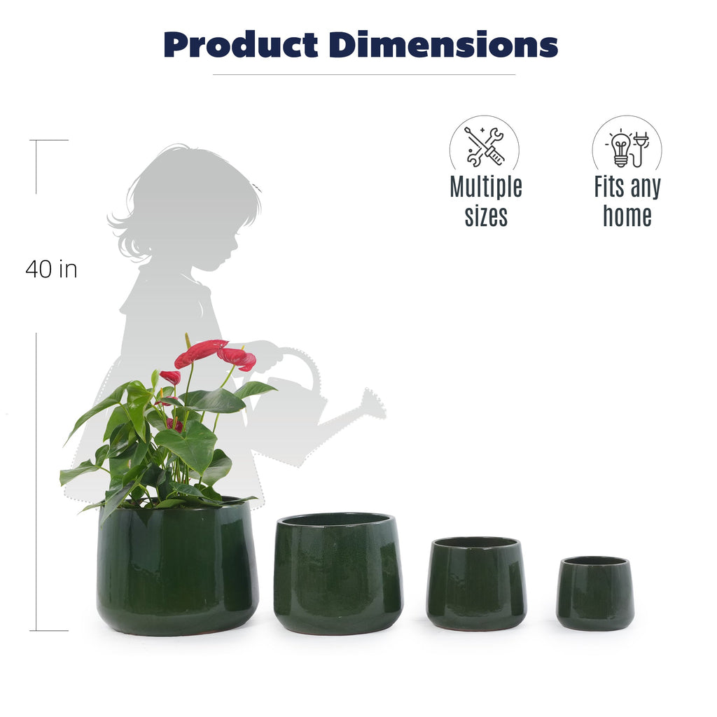 Product dimensions graphic showing four dark green tapered planter pots in ascending sizes, with a plant and watering can used for scale, plus text reading 'Product Dimensions,' 'Multiple sizes,' and 'Fits any home.'.