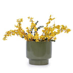 Green planter with yellow flowers on a white background
