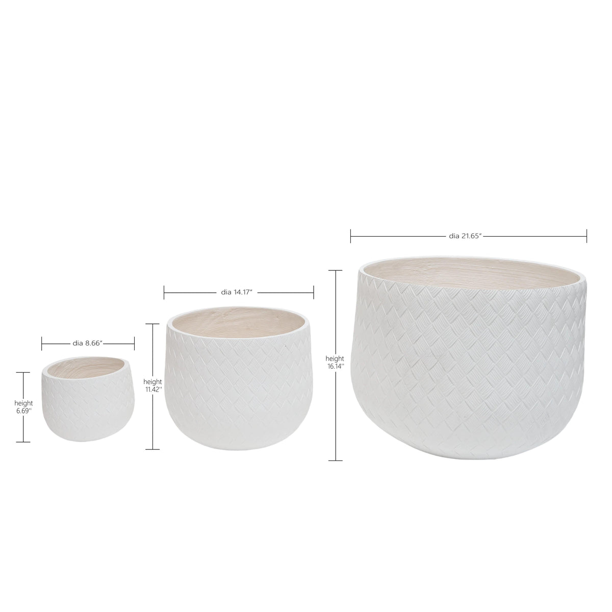 Three white textured planters with dimensions on a white background
