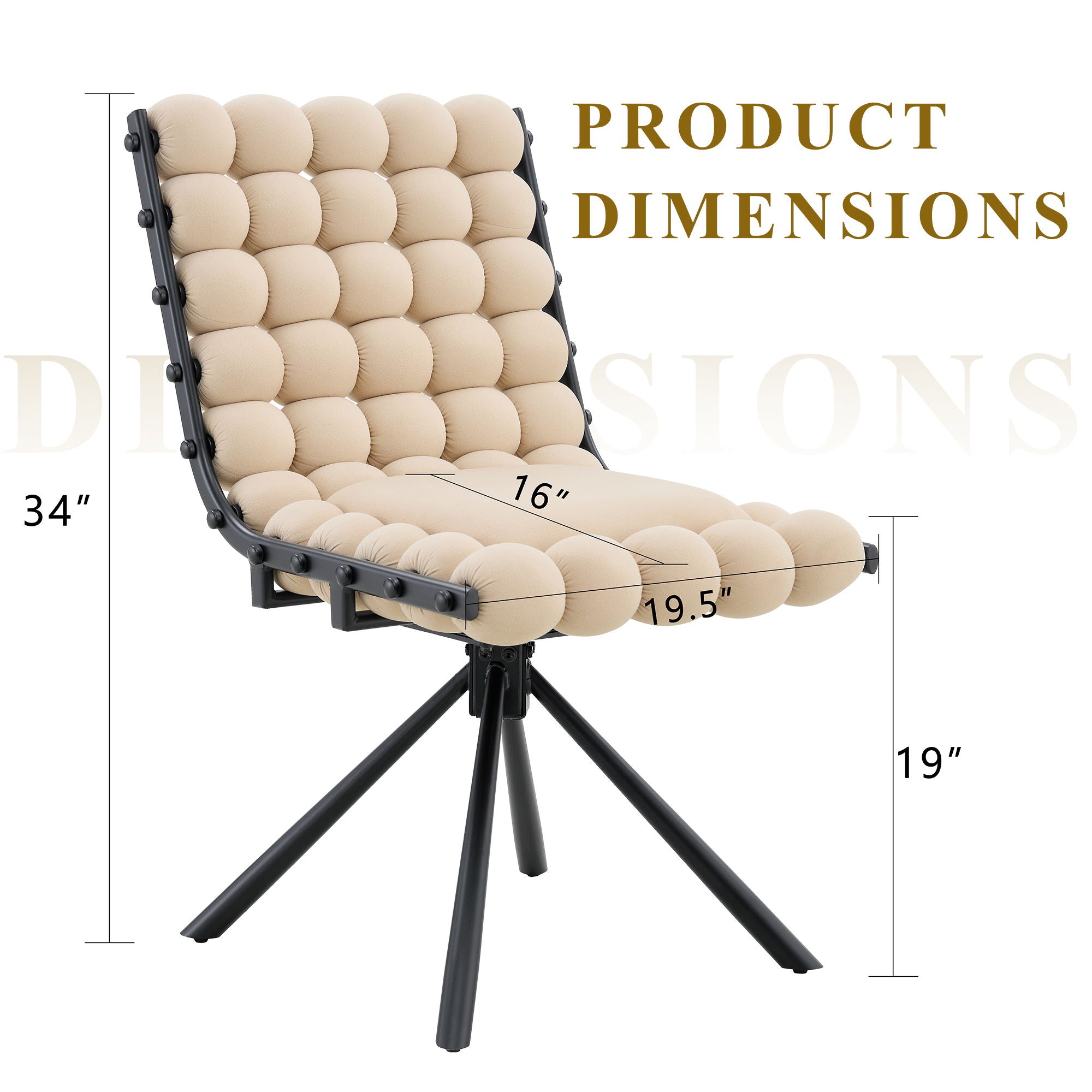 Chair with beige cushion and black frame, showing dimensions on a white background