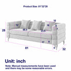 Grayscale sofa with dimensions labeled in inches on a white background