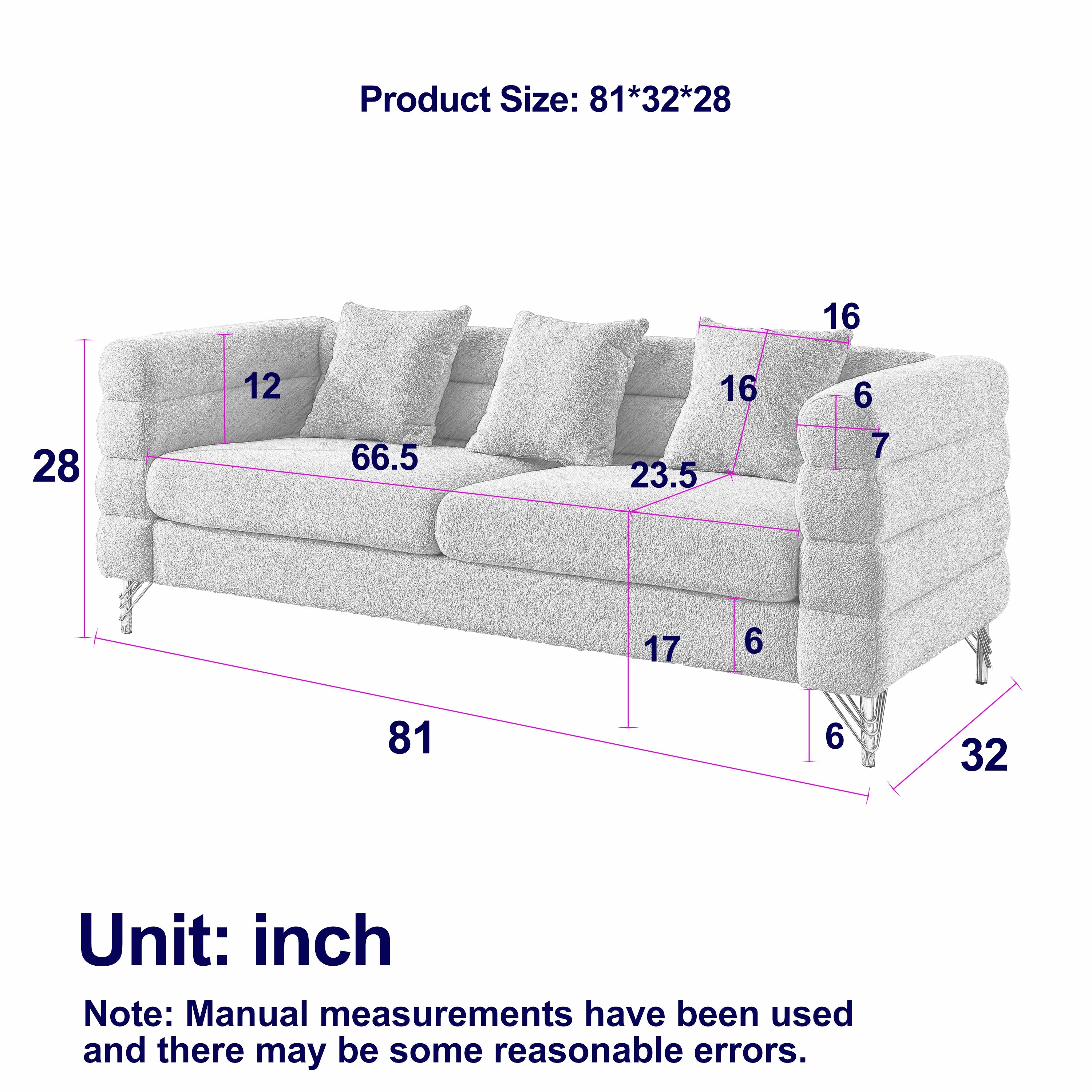 Grayscale sofa with dimensions labeled in inches on a white background