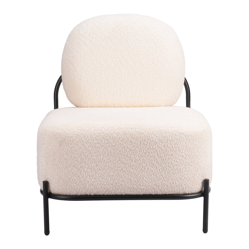 White upholstered chair with black metal frame on a white background