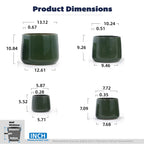 Product dimensions chart showing four dark green ceramic planters with labeled heights, diameters, and wall thickness in inches on a white background.