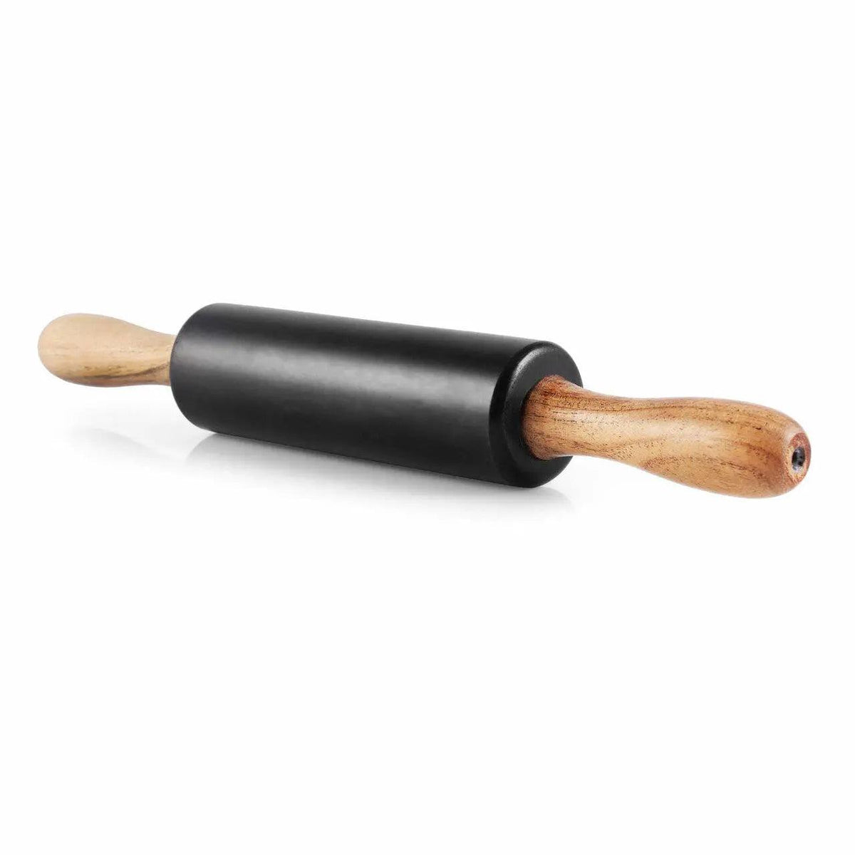 Black rolling pin with wooden handles on a white background
