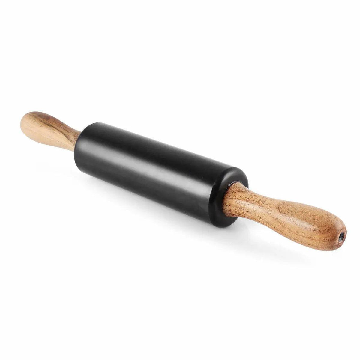 Black rolling pin with wooden handle on a white background