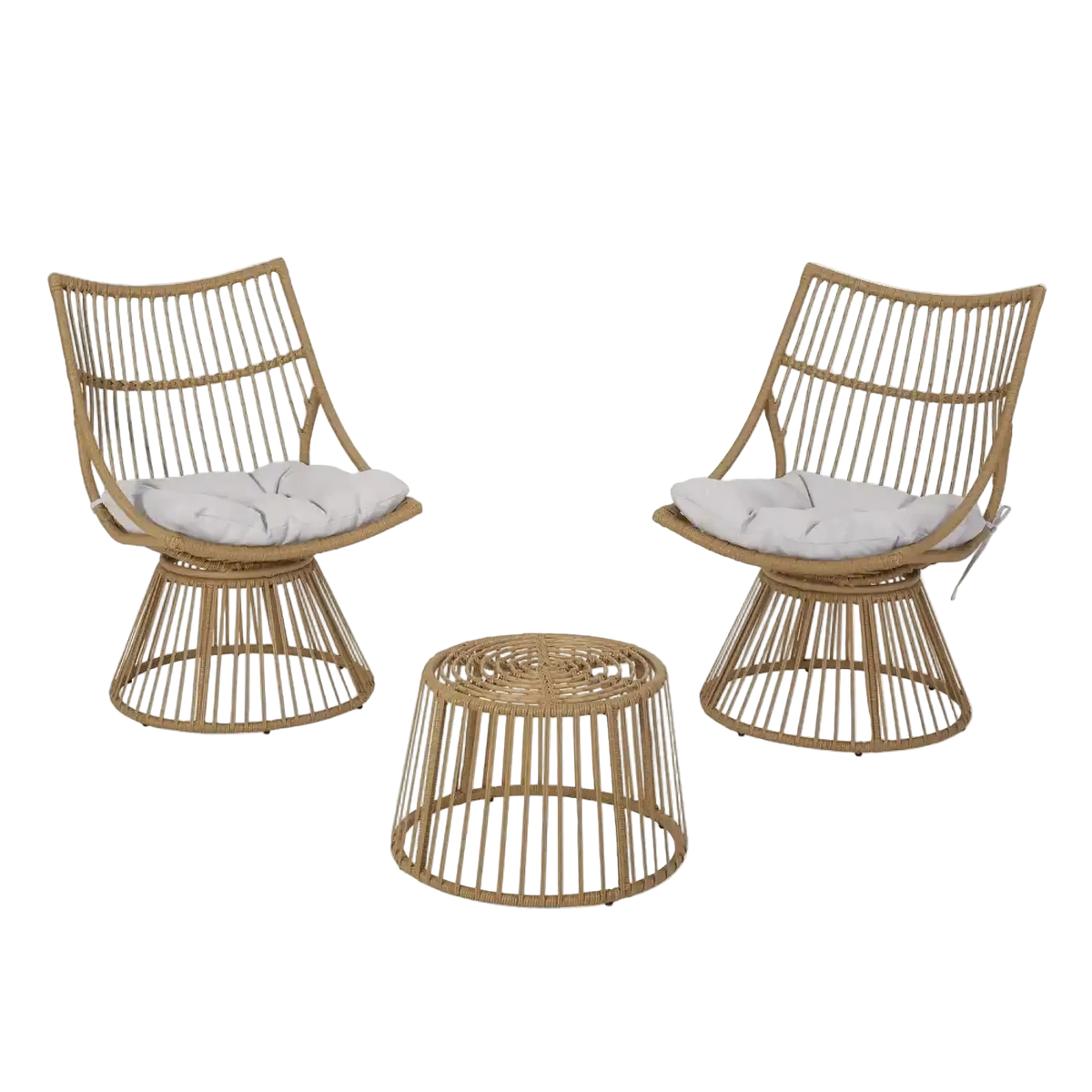 Two wicker chairs with white cushions and a matching side table on a white background