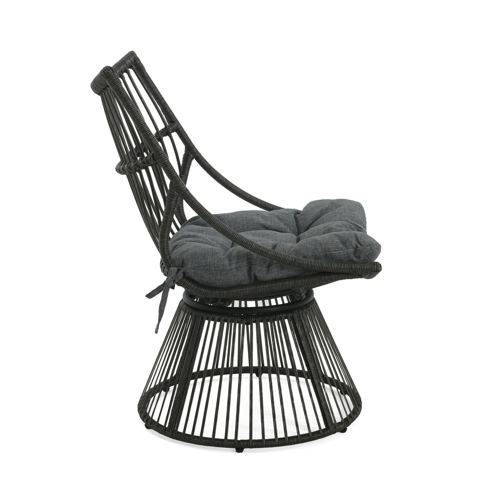 Black woven chair with a gray cushion on a white background