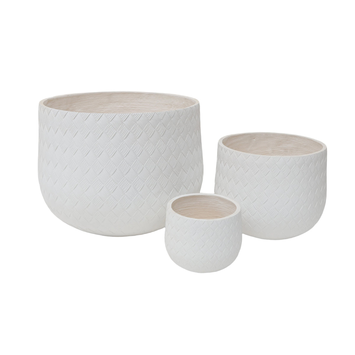 Three white woven planters of different sizes on a white background